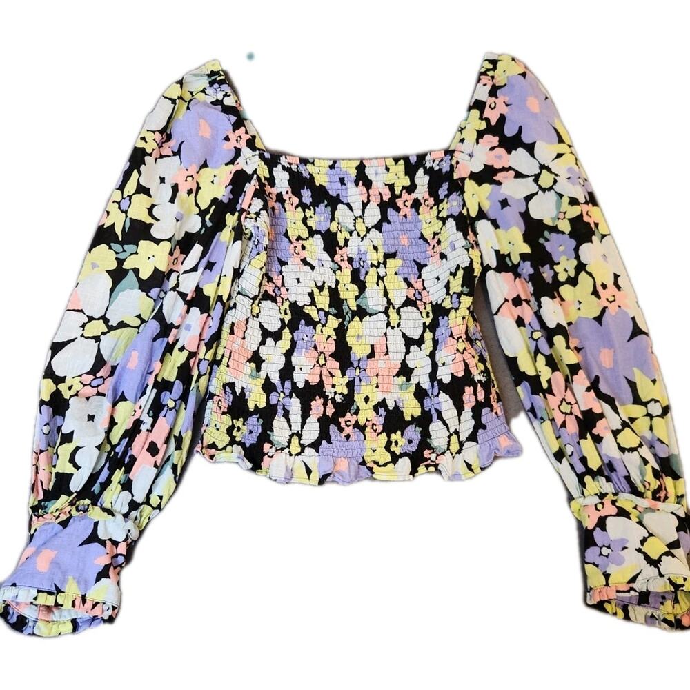 Free People Ariana Top Sz S Boho Floral Smocked Ruffleā Puff Long Sleeve NWOT